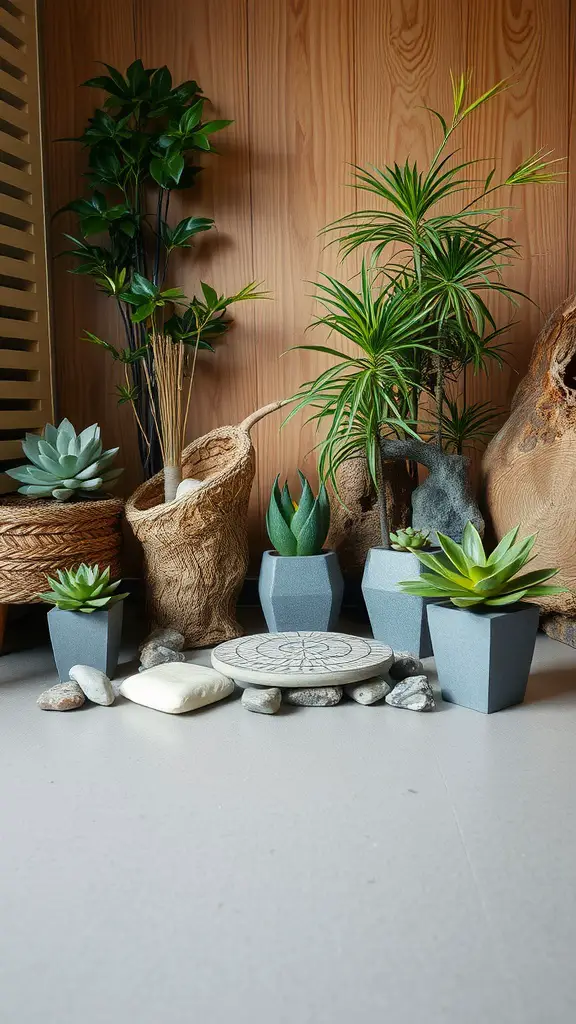 27 Creative Mother’s Day Decor Ideas to Celebrate Mom 11 A collection of potted plants and stones arranged in a cozy indoor setting, perfect for nature-inspired decor.