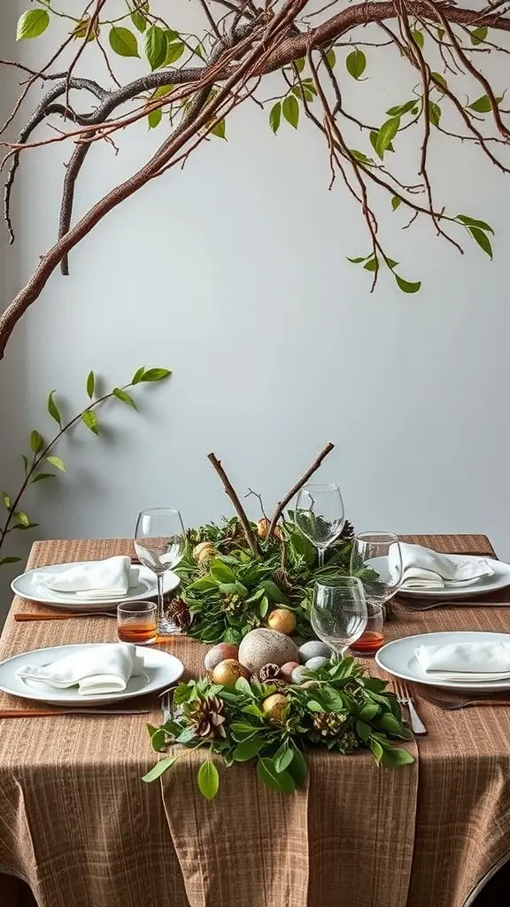 A nature-inspired dinner table setting with greenery, apples, pine cones, and a branch overhead.