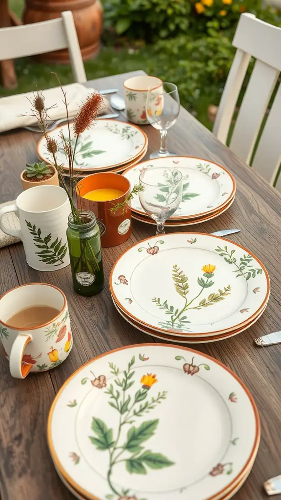 A table set with nature-inspired dinnerware featuring floral patterns, surrounded by greenery.