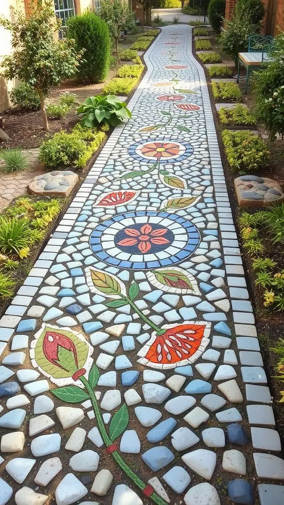 A mosaic walkway featuring floral designs with colorful stones, bordered by neatly trimmed plants.