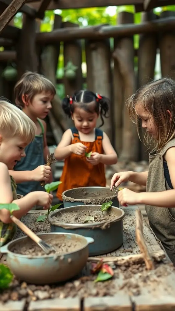 25 Creative Mud Kitchen Ideas for Kids to Inspire Imaginative Play 8 Children playing in a mud kitchen, mixing mud and leaves in pots outdoors.