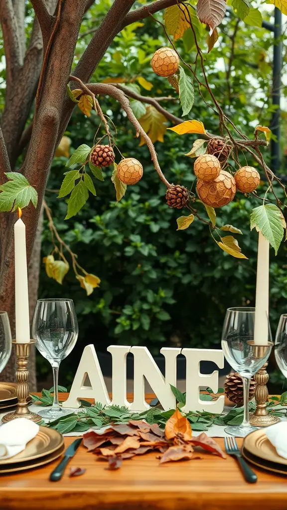 Nature-inspired table decor featuring greenery, candles, and a wooden table set for a garden party.