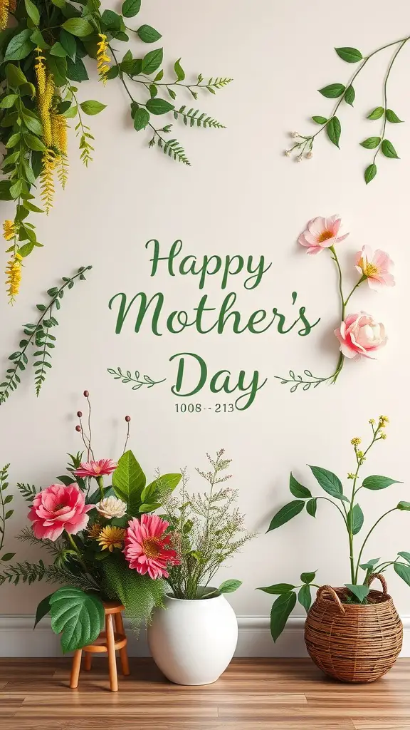 Nature-inspired wall art with flowers and plants, celebrating Mother's Day.