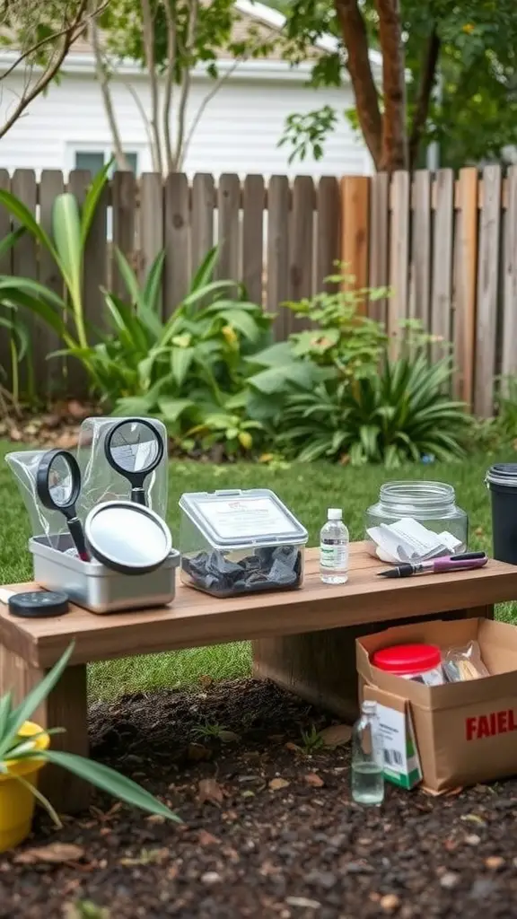 A backyard nature exploration zone with a wooden bench and exploration tools