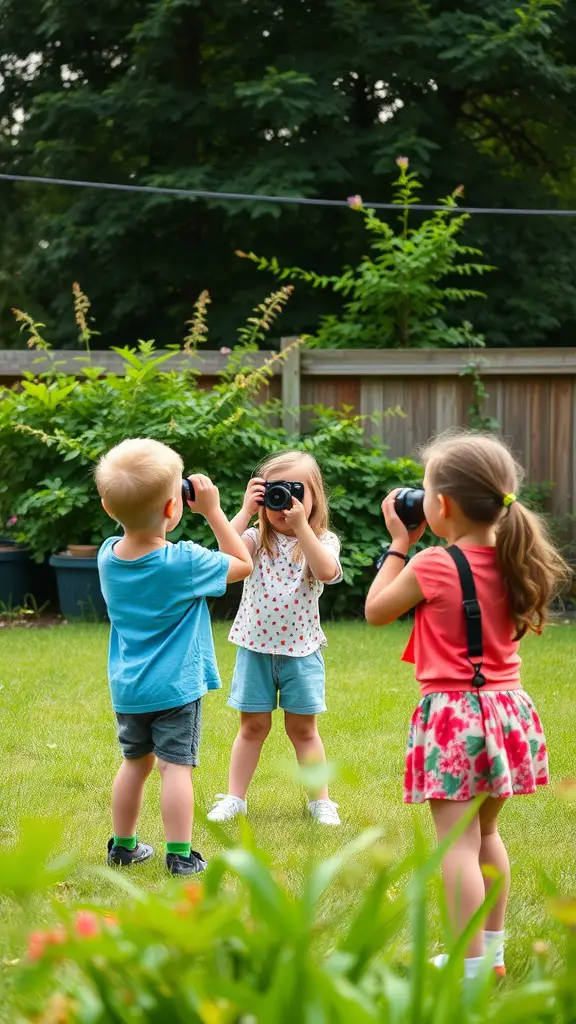 Three children taking photos in a backyard, surrounded by greenery.