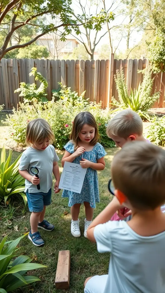 Children engaged in a nature scavenger hunt, holding magnifying glasses and a checklist in a backyard