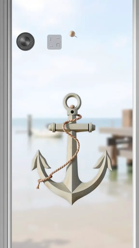 21 Creative Summer Door Hanger Ideas You’ll Love 5 Nautical-themed anchor door hanger on a window with a beach view