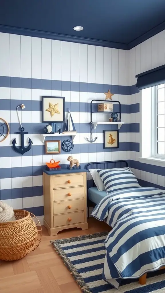 13 Summer Bedroom Aesthetic Ideas to Refresh Your Space 12 A nautical-inspired bedroom featuring blue and white striped walls, decorative elements like anchors and starfish, and cozy textiles.