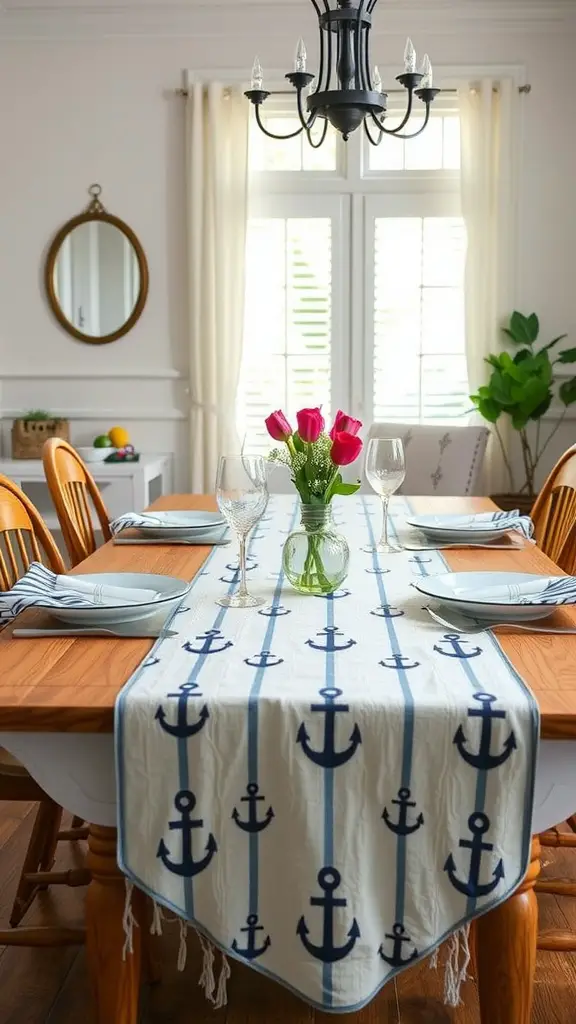 23 Bright and Cheerful Summer Decorations to Enhance Your Home 9 A dining table adorned with a nautical-themed table runner featuring anchors, complemented by pink roses, set for a meal.