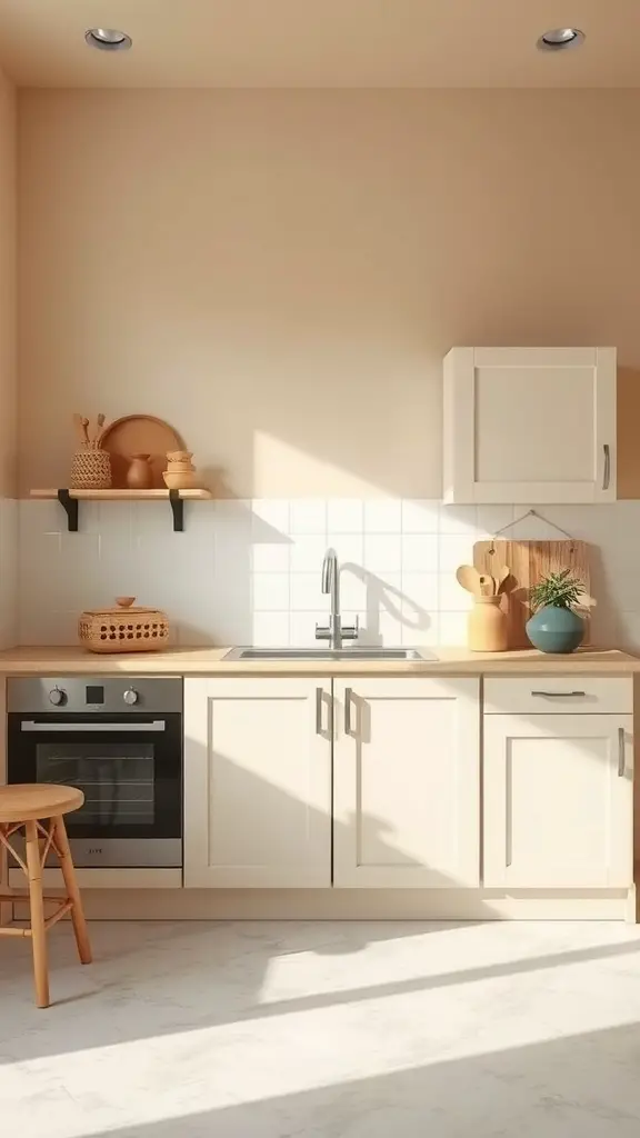 A cozy kitchen featuring neutral sand walls, light wooden cabinets, and a simple layout.