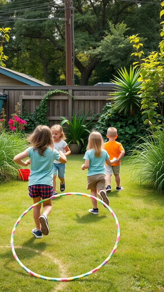 Children playing in a backyard obstacle course with hula hoops.