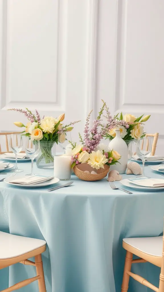 A beautifully set table with a blue tablecloth, floral arrangements, and candles, inspired by the ocean.