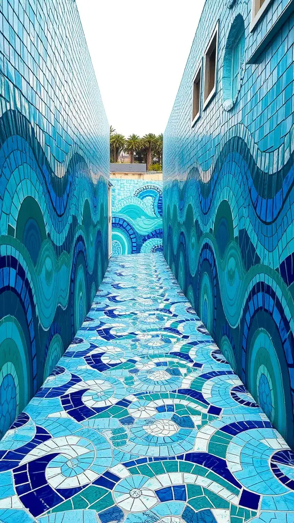 Mosaic walkway with ocean-themed design featuring various shades of blue and green tiles.