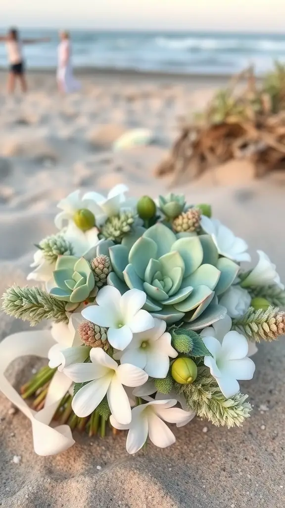 17 Stunning Summer Wedding Bouquet Ideas You’ll Love 11 A beach wedding bouquet featuring succulents and white flowers, set against the ocean backdrop.