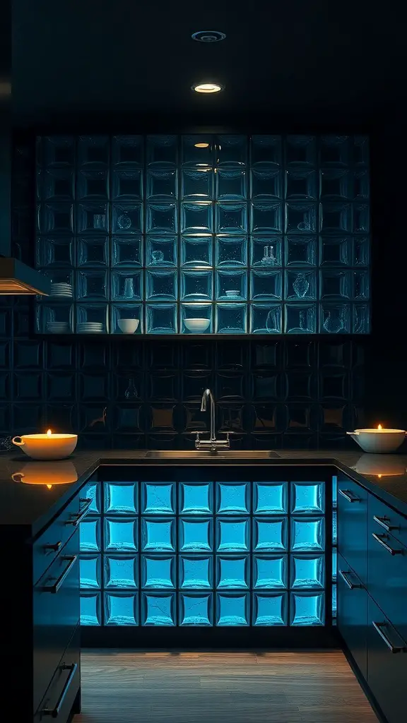 A kitchen featuring oceanic blue glass blocks as a backsplash, contrasting with dark kitchen cabinets.