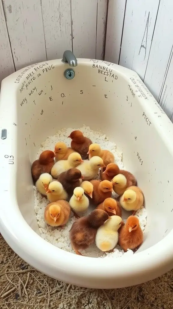 A group of chicks resting together in an old bathtub filled with bedding.