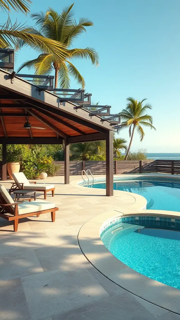 Open air cabana near an above-ground pool with palm trees