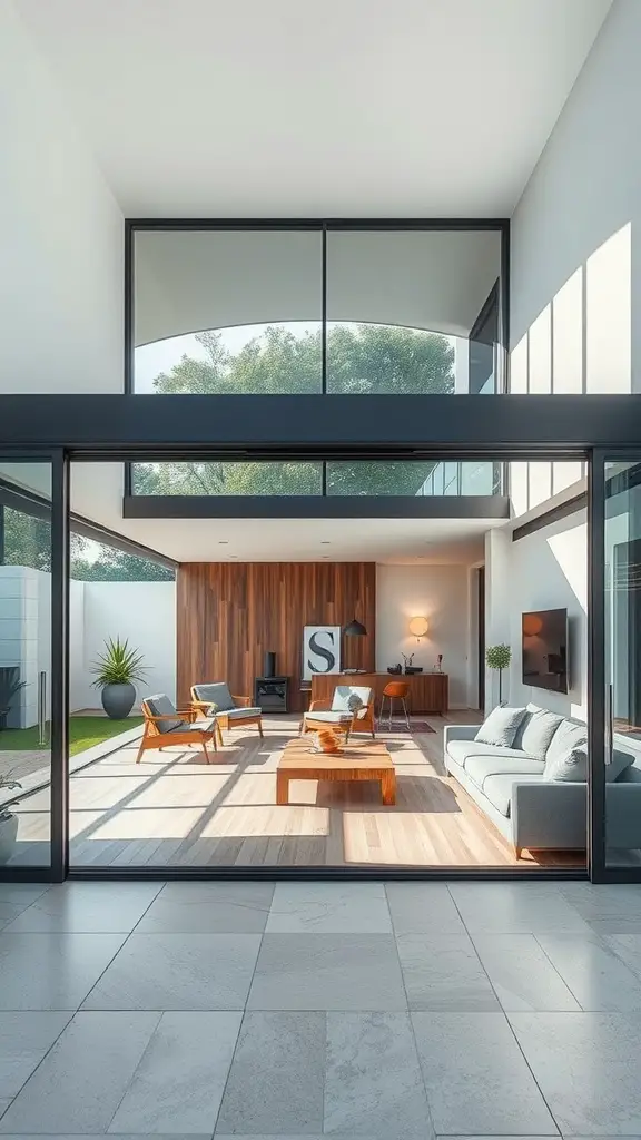 A modern open air concept room with large glass doors leading to a garden, featuring a cozy sofa and a wooden coffee table.