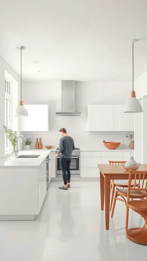 Open white kitchen design with modern appliances and wooden dining table