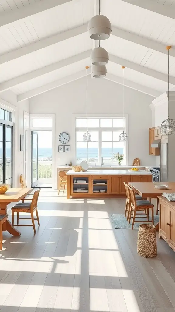 Open concept beach house kitchen with wooden cabinets and large windows