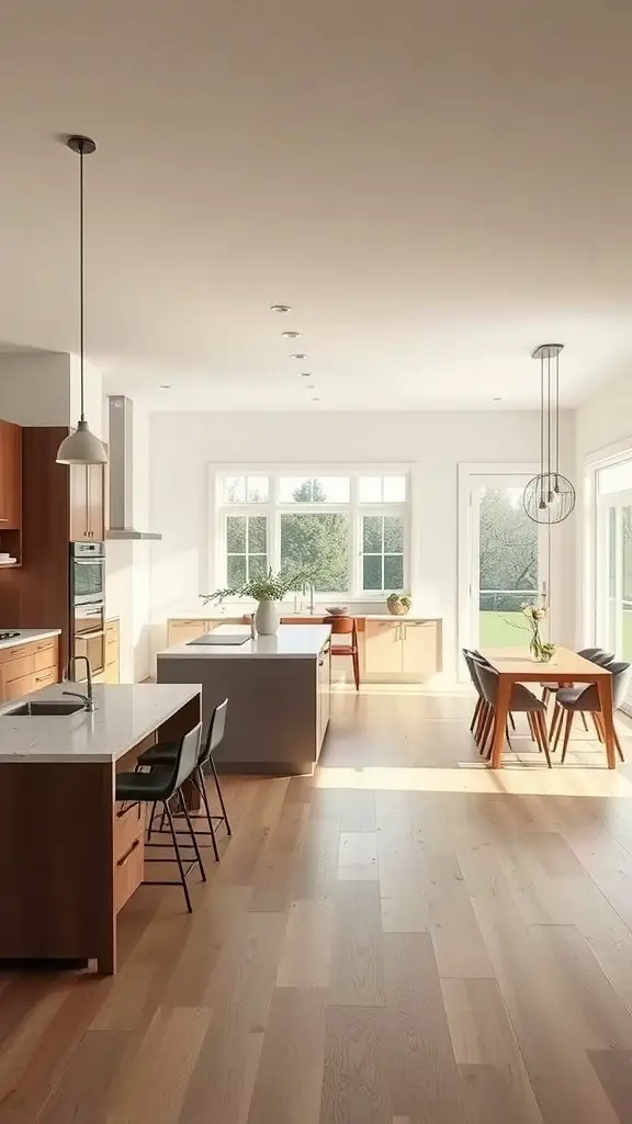 A modern open concept kitchen with large windows and a seamless flow into the dining area.