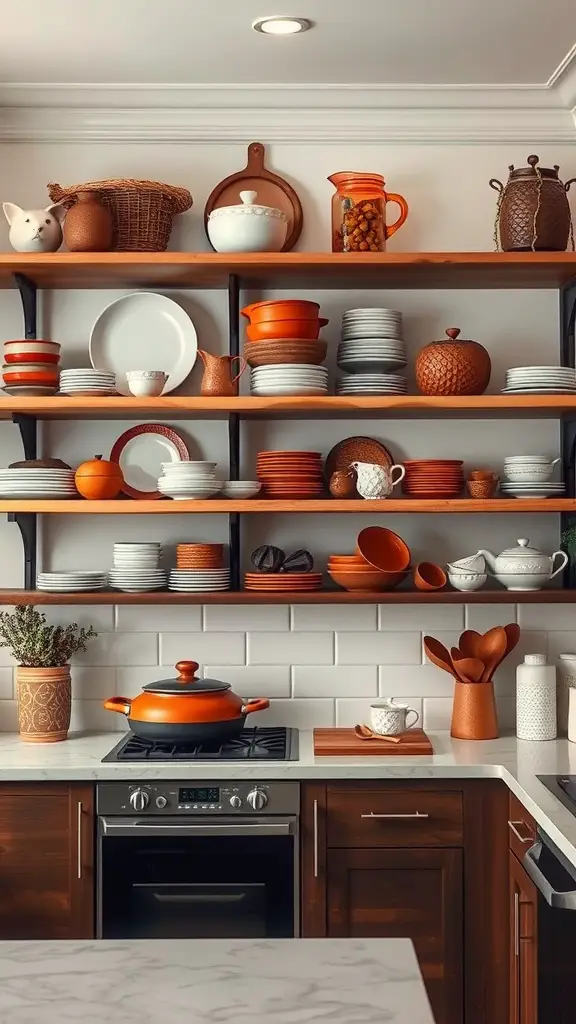27 Cozy Kitchen Ideas to Warm Up Your Space 4 A warm kitchen with open shelving displaying orange and white dishes, decorative items, and cooking utensils.