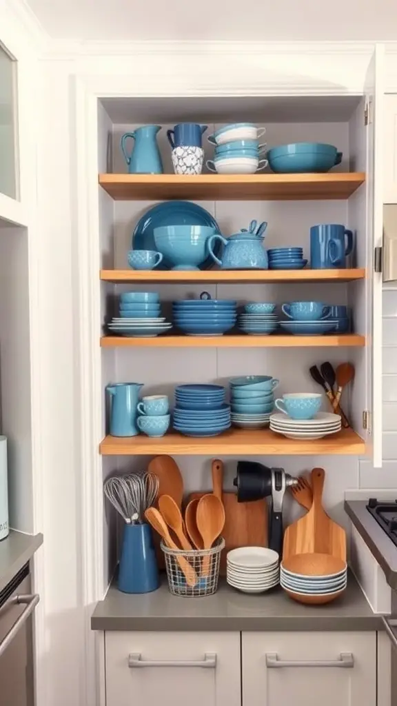 Open shelving showcasing blue dishware in a kitchen