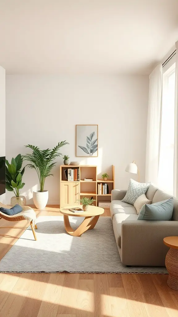 A bright and airy living room with a cozy sofa, a unique coffee table, and plants, showcasing an open space design.