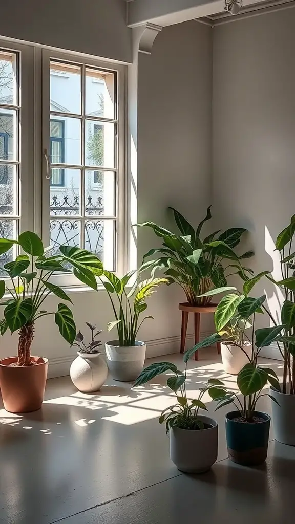 Indoor space filled with various mothers tongue plants near a window, showcasing optimal light conditions for growth.