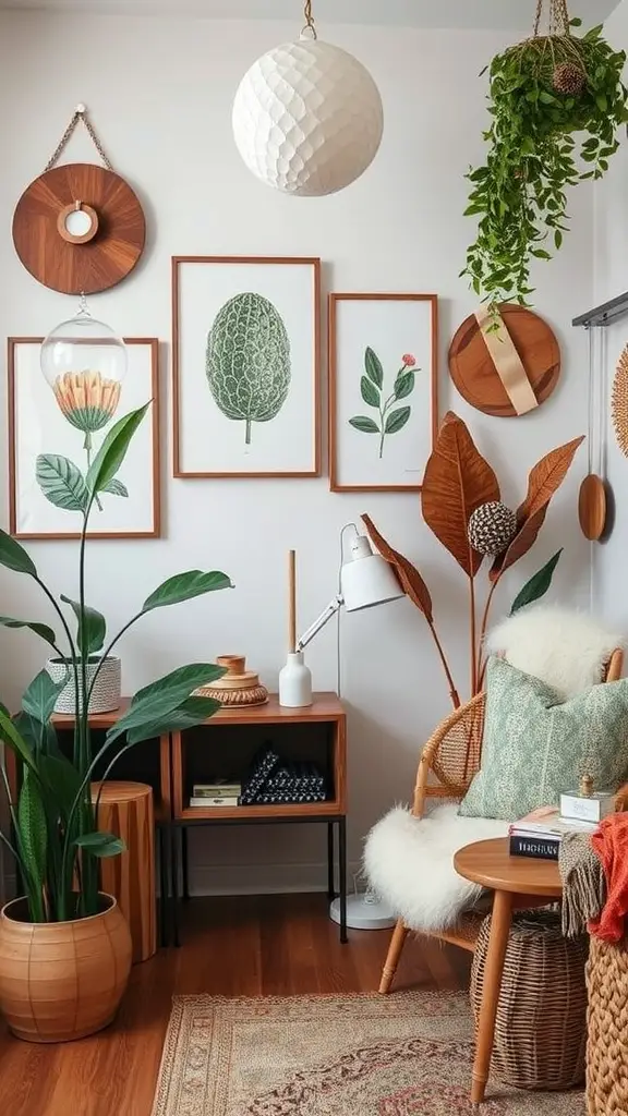 A cozy room with plants, botanical artwork, and wooden decor elements.