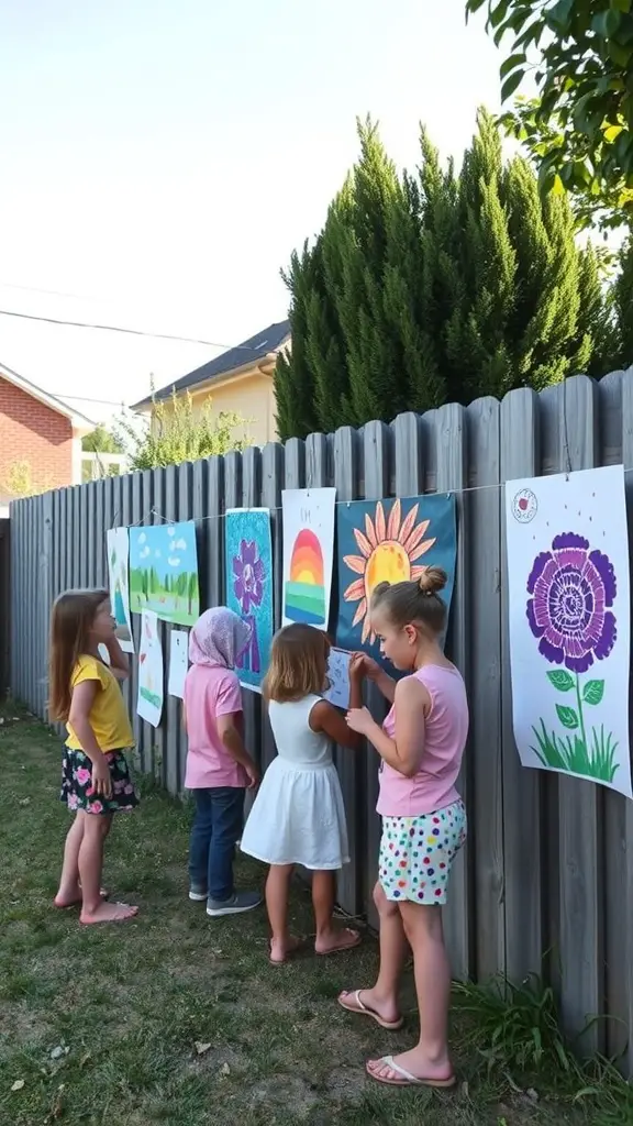 Kids creating an outdoor art gallery with colorful paintings displayed on a fence.