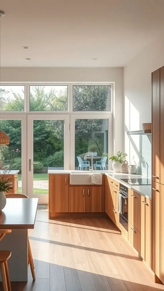 Scandinavian kitchen with large windows overlooking a garden