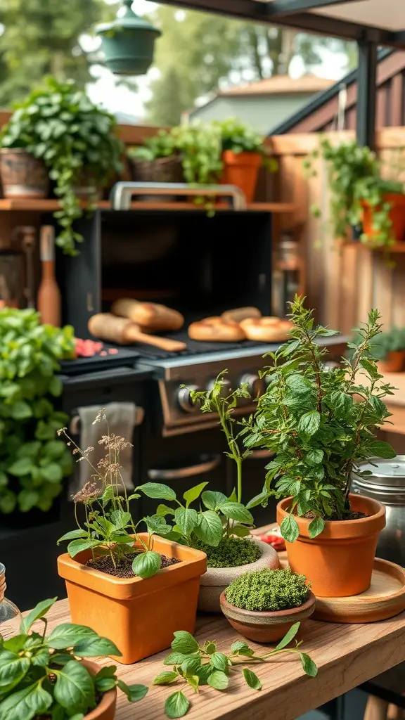 A cozy outdoor cooking area featuring potted herbs and a grill.