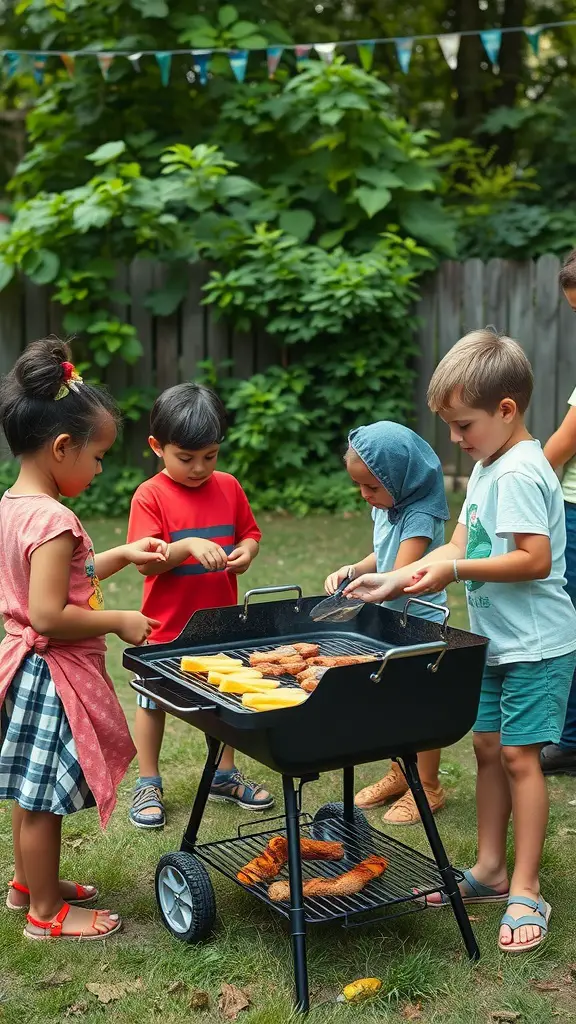 Children participating in an outdoor cooking class around a grill.