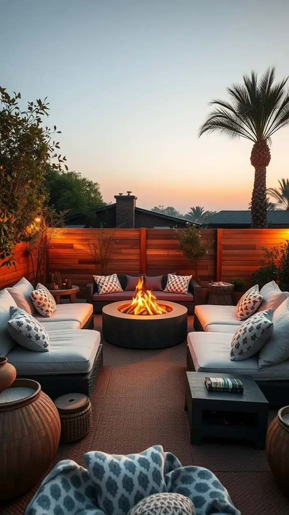 Outdoor seating area with cushioned daybeds and a circular fire pit surrounded by greenery