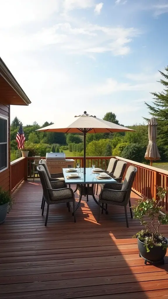 19 Creative Deck Ideas to Enhance Your Backyard Oasis 2 Outdoor dining area on a deck with a table, chairs, and an umbrella