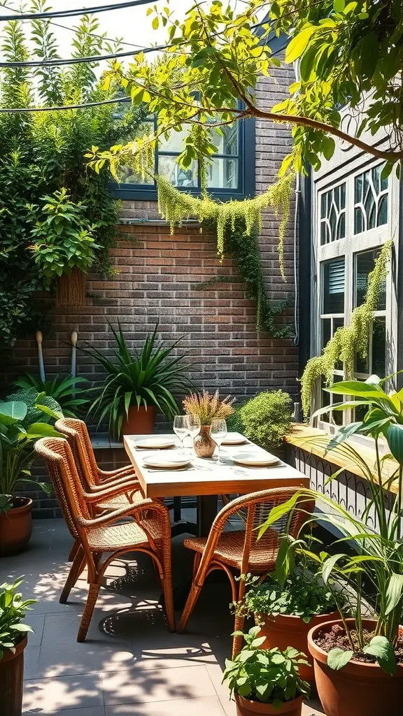 A cozy outdoor dining area with a wooden table surrounded by potted edible plants and greenery.