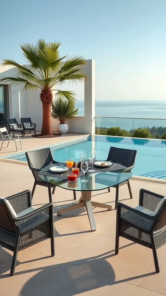 An outdoor dining set by a pool with a beautiful view, featuring a glass table and comfortable chairs.