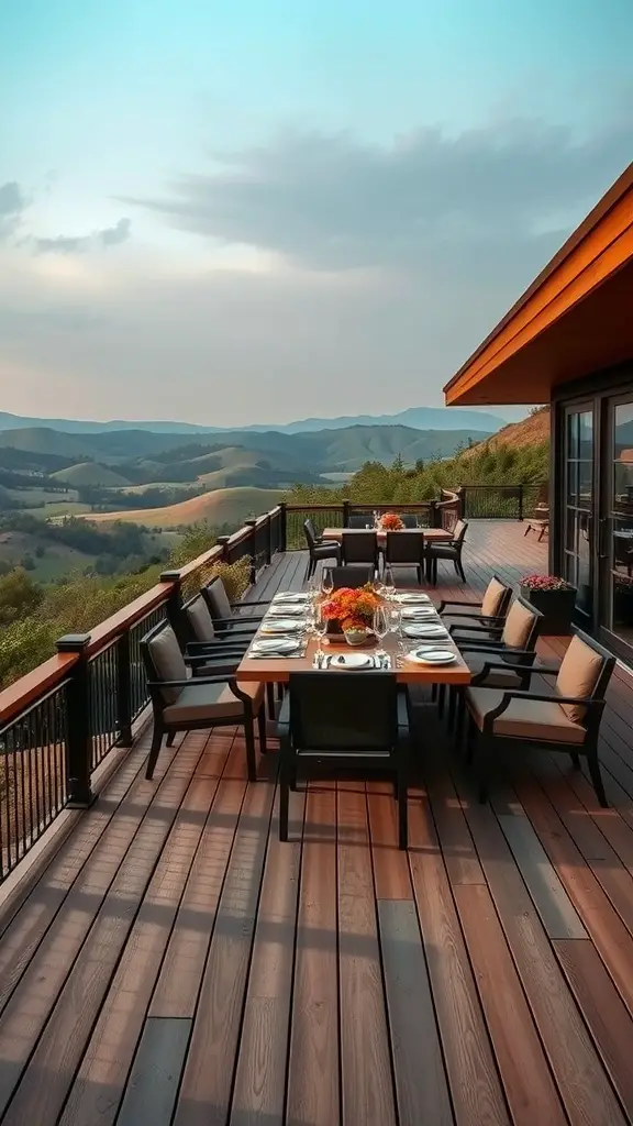 19 Stunning Two-Level Deck Ideas for Your Home 4 Outdoor dining area with a large table and rolling hills in the background.