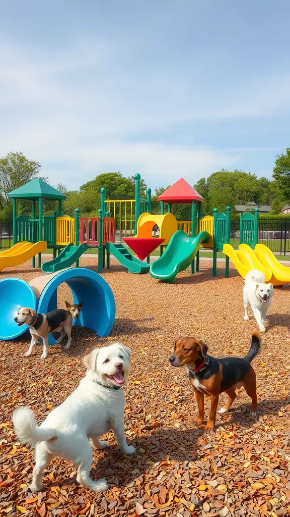 19 Creative Grassless Backyard Ideas for Dogs 4 Outdoor dog playground with colorful slides and tunnels, featuring dogs playing on mulch.