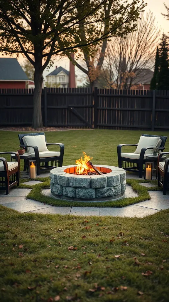 21 Creative Grass Patio Ideas for Your Outdoor Space 6 A cozy outdoor fire pit surrounded by grass, with chairs and candles, set in a serene backyard.