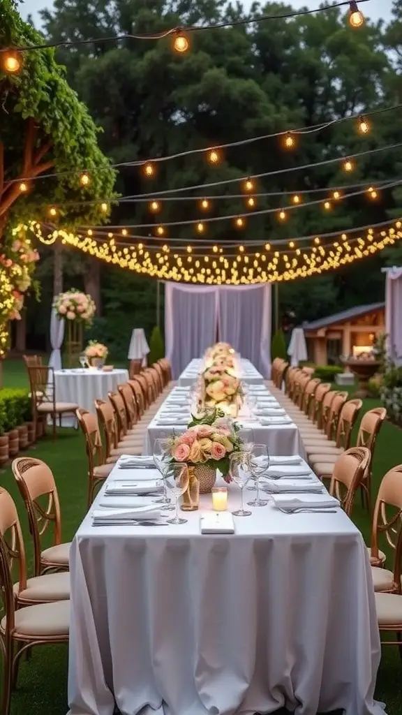 17 Creative Summer Bridal Shower Ideas for a Memorable Celebration 9 An outdoor garden party setup with tables, chairs, and decorative lights.