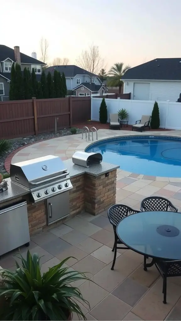 Outdoor kitchen featuring grill and dining area next to above-ground pool.