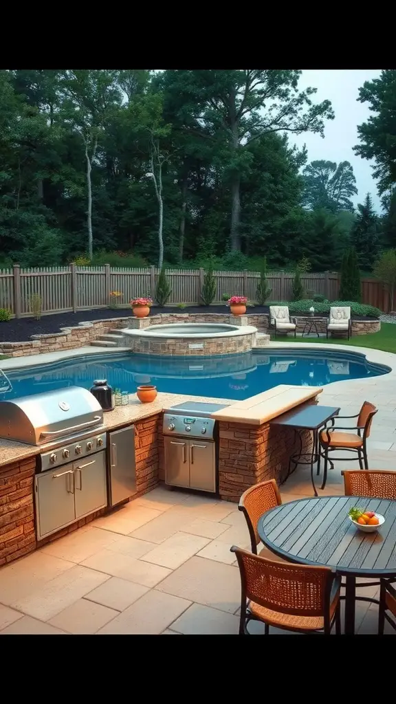 An outdoor kitchen and BBQ area by a pool, featuring a built-in grill, stone countertops, and a dining table surrounded by potted plants.