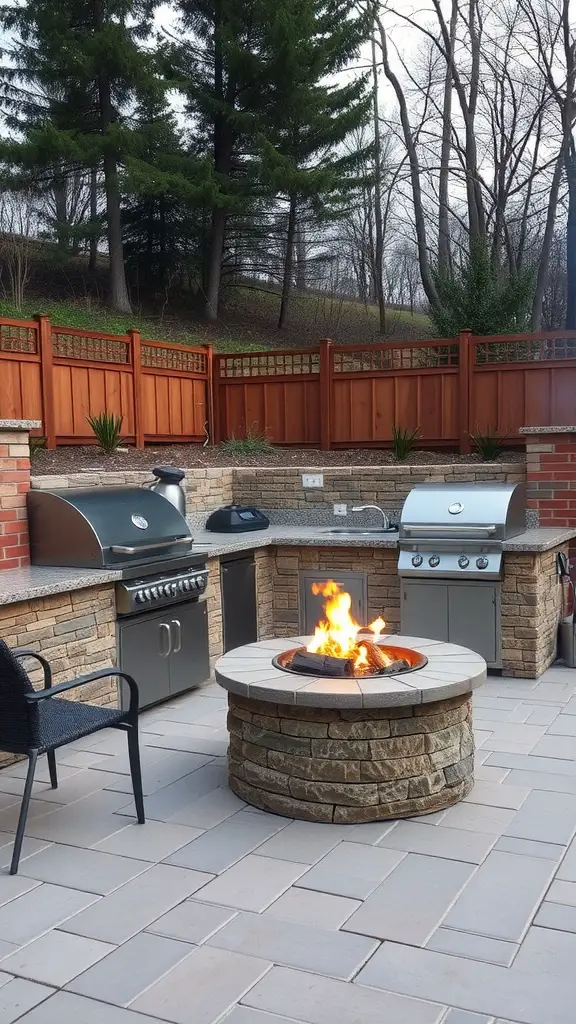 An outdoor kitchen featuring stainless steel grills, a stone fire pit, and a cozy seating area surrounded by trees.