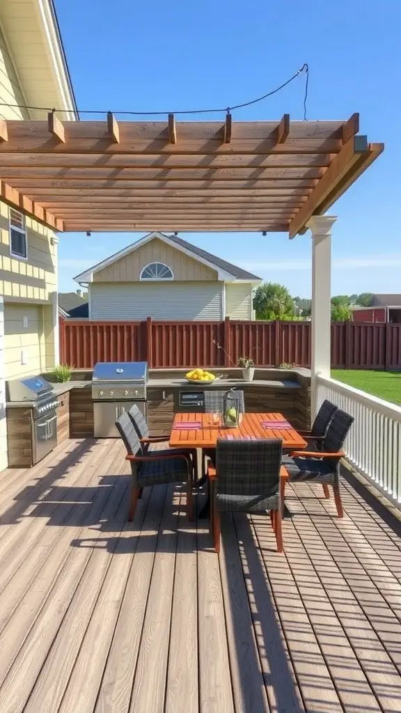 27 Inspiring Outdoor Deck Ideas You'll Love 4 Spacious deck featuring an outdoor kitchen with a grill and dining area.