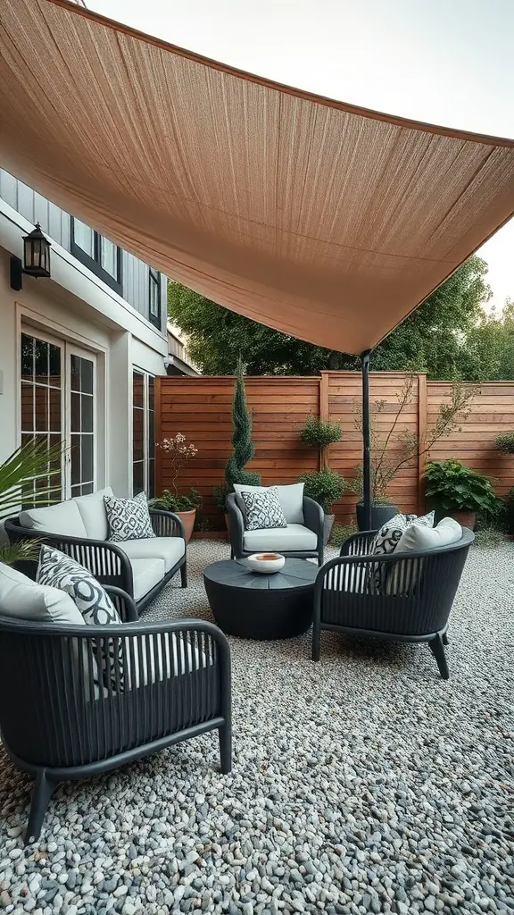 15 Creative Pea Gravel Patio Ideas for Your Outdoor Space 8 A cozy outdoor lounge area featuring a canopy, comfortable chairs, and a pea gravel patio.
