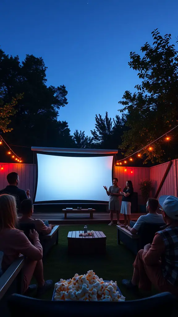 21 Must-Do Summer Bucket List Ideas for Your Best Season Yet 13 Outdoor movie night setup with a large screen, popcorn, and guests enjoying the evening.
