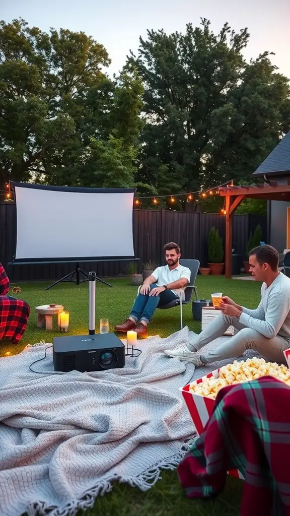 Cozy outdoor movie night setup with a projector, screen, popcorn, and people enjoying the evening