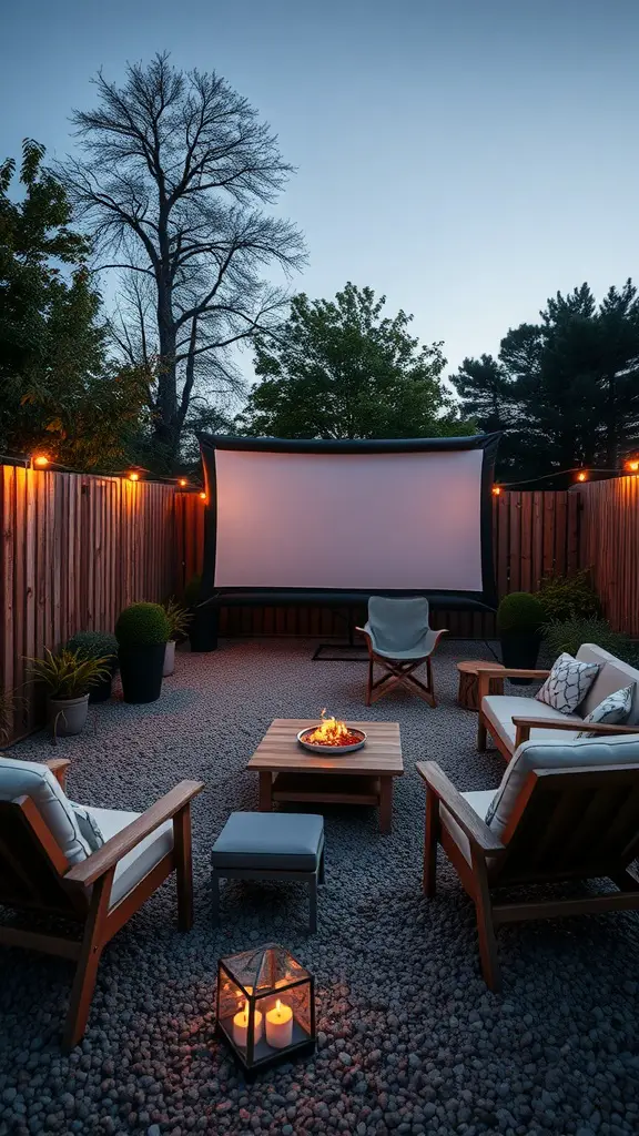 15 Creative Pea Gravel Patio Ideas for Your Outdoor Space 17 Outdoor movie setup with a big screen, cozy chairs, and a fire pit on a pea gravel patio